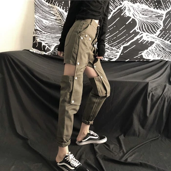 

2020 spring Hollow Out Cargo Pants Women Boyfriend Streetwear Casual Joggers Pants Ladies Ripped Hole High waist Trousers KZ140
