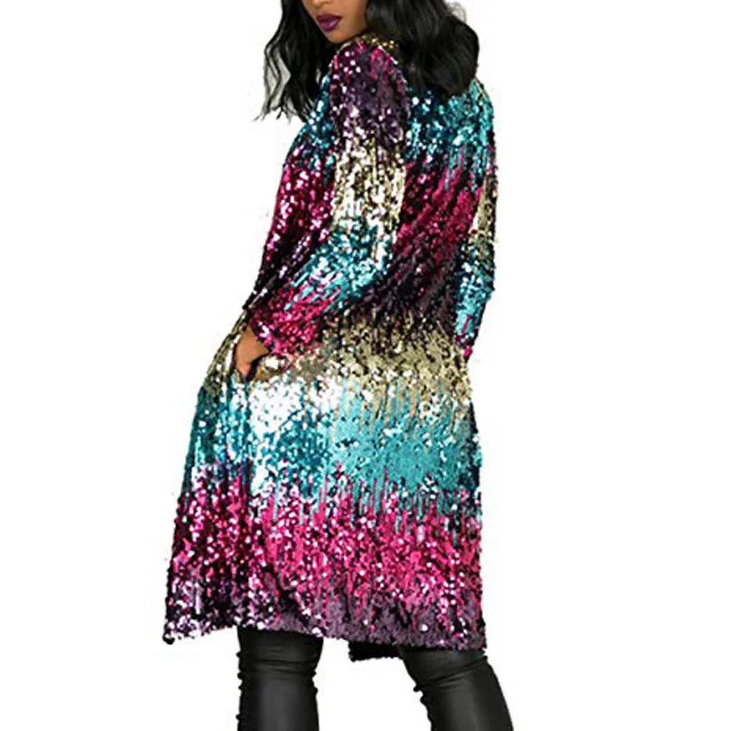 Vintage Autumn Long Sleeve Coat Loose Kimono Coat Women's Autumn Cover Up Long Sleeve Sequins Metallic Open Front Cardigan Coat