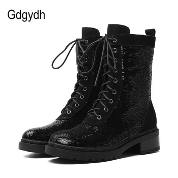 

Gdgydh Mid Calf Lace Up Boots Heels Platform Boots Women Sexy Sequins Autumn Winter Round Toe Leather Motorycle Boots Block Heel