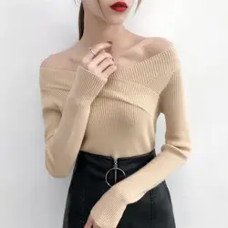 2019 осень и зима новый стиль корейский стиль горизонтальная горловина вязаный женский свитер обтягивающее эластичное нижнее белье Базовая