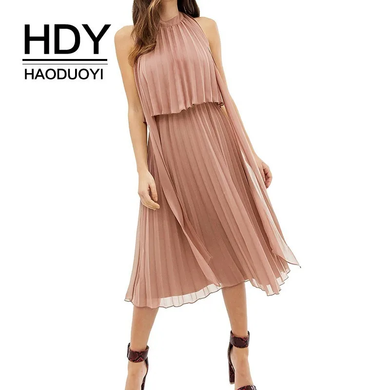 HDY Haoduoyi офисные женские сексуальные вечерние платья с открытой спиной и круглым воротником, плиссированные женские летние платья средней длины