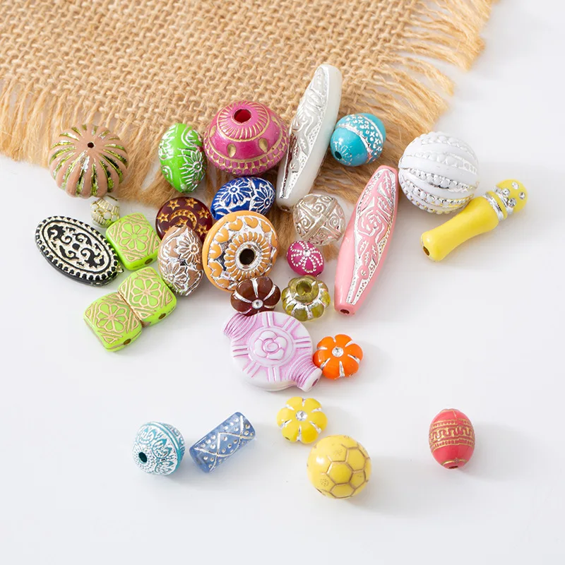

50PCS Color Hot Stamping Acrylic Beads DIY Various Styles Round Spiral Pattern Loose Bead Necklace Earrings Clothing Accessories