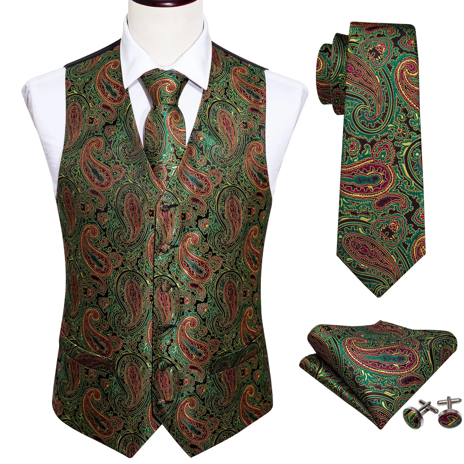 

4PC Mens Silk Vest Party Wedding Green Paisley Solid Floral Waistcoat Vest Pocket Square Tie Slim Suit Set Barry.Wang BM-2015