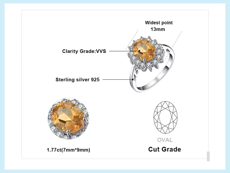 Jewelrypalace Кейт Принцесса Диана 1.8ct натуральный цитрин Обручение Halo Кольцо 925 Серебряное кольцо для Для женщин Красивые ювелирные изделия