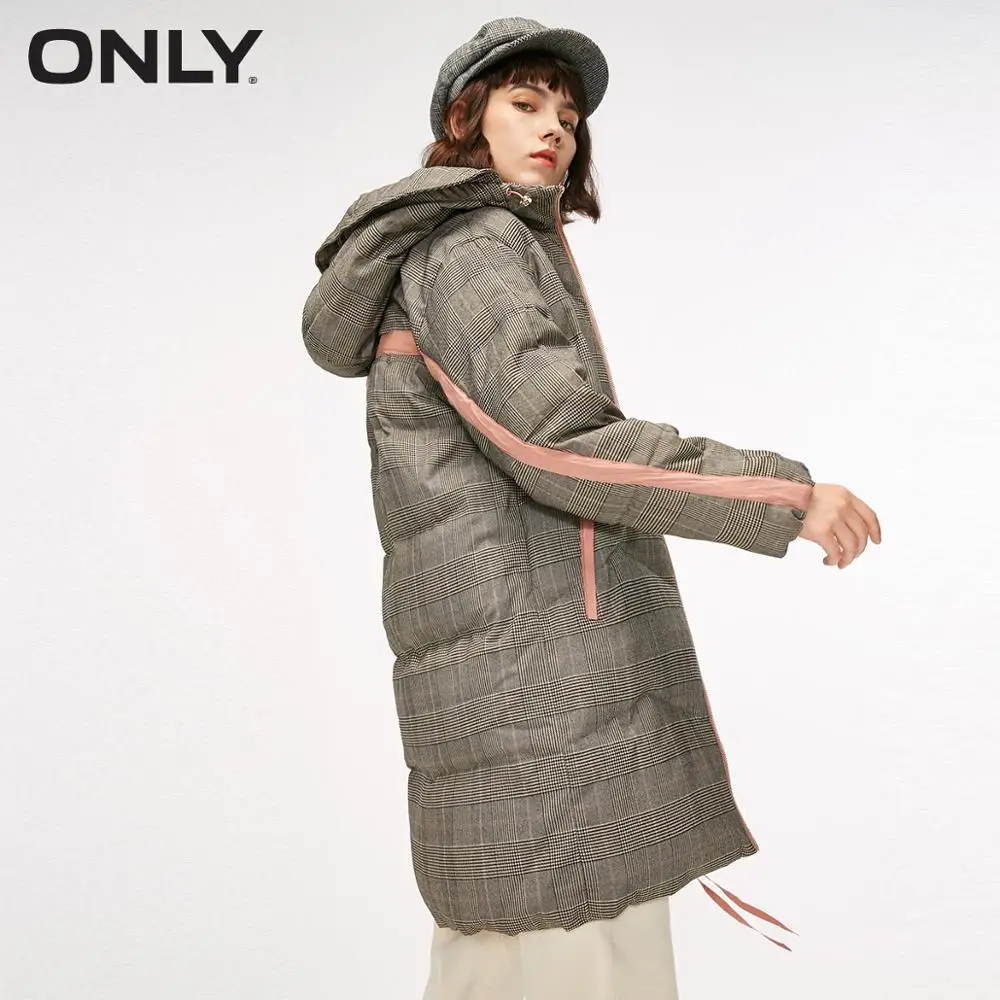 

ONLY 2019 Autum Winter New Arrivals Long Plaid Patched Hooded Down Jacket | 118312535