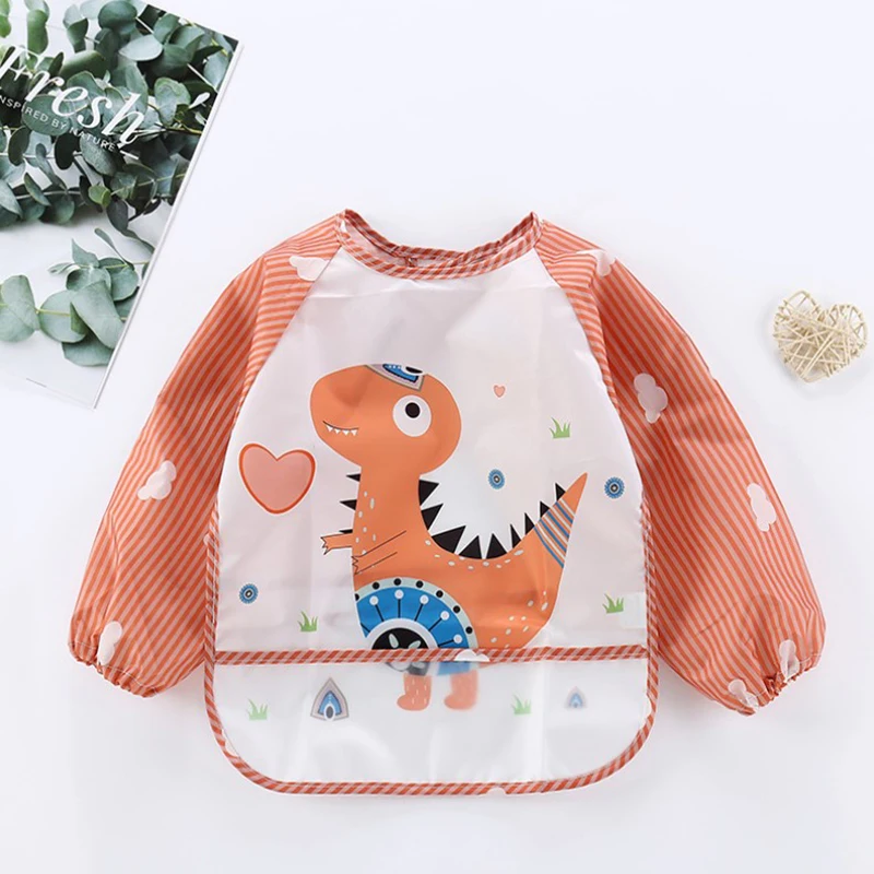 

1 Pc New Baby Kids Toddler Long Sleeve Waterproof Animal cartoon Feeding Bib Apron Pocket