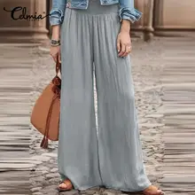 

Celmia Vintage Wide Leg Pants 2022 Autumn Elegant Smocking Long Trousers High Waist Solid Casual Loose Pleated Party Streetwear
