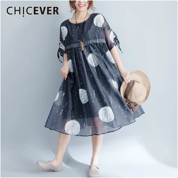 

CHICEVER Casual Dot Women Dress O Neck Puff Half Sleeve High Waist Ruched Hit Color Female Dresses Fashion 2020 Spring Clothing