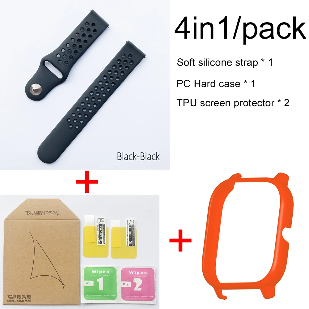 4в1 для Xiaomi Huami Amazfit GTS спортивный силиконовый ремешок для часов Ремешок Браслет с PC чехол Защита экрана - Color: Black-orange case