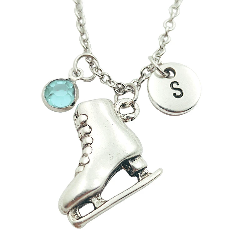 Patines de hielo con letras iniciales creativas para mujer, con piedra de nacimiento, joyería moda, regalos de Navidad, accesorios, colgantes|Collares de cadena| -