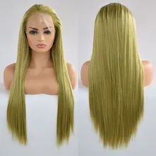 Завязанные вручную зеленые длинные прямые высокотемпературные волокна Glueless синтетические передние кружевные парики натуральные волосы часть для женщин парики