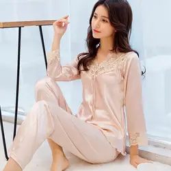 Пижамы женские s шелковые комплекты пижамы Loungewear M ~ 2XL плюс размер весенние женские с длинным рукавом V образным вырезом кружевные пижамы