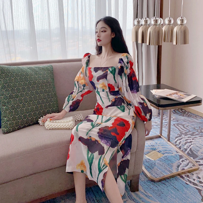 

vintage flower print long sleeve square collar elegant dress Women's Clothing summer new fashion brand vestidos Split ends modis