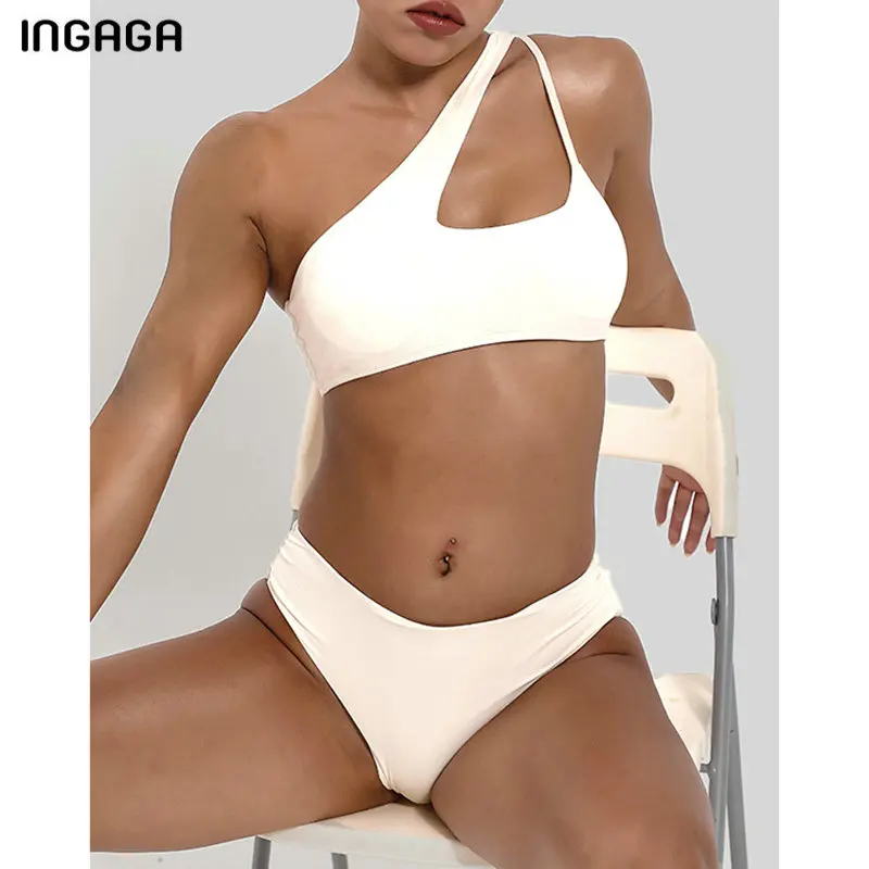 Ingaga片方の肩ビキニ水着女性ハイカット水着プッシュアップbiquiniセクシーなカットアウト水着2021ホワイトビーチウェアスーツ