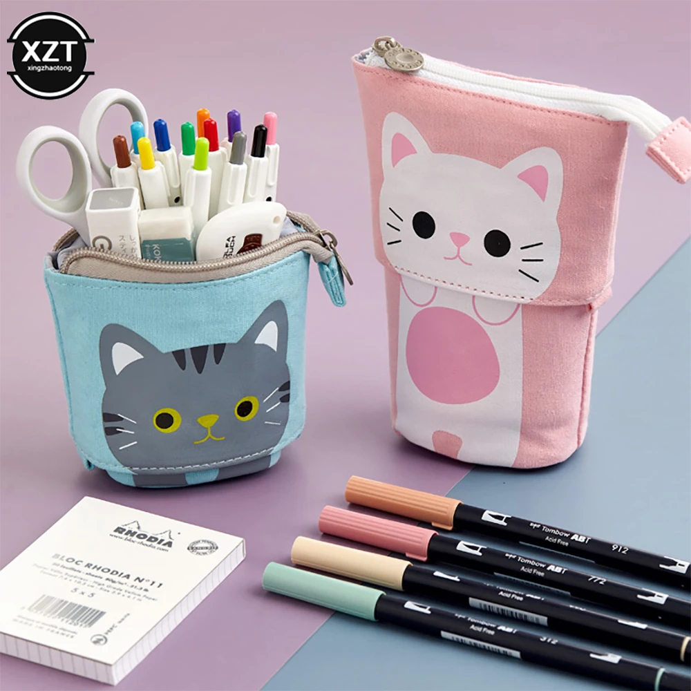 Estuche lápices de tela retráctil, bolsa bonita para lápices de dibujos animados de lona, plegable, soporte para parado de papelería Kawaii, de material escolar niños|Estuches escolares| AliExpress