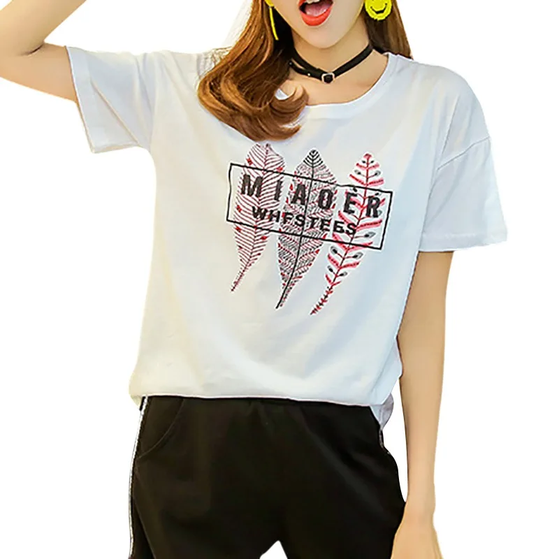 

Plus Size T-shirt Fashion Casual Leaf Print White Round Neck Short-sleeved Loose Style Women's T-shirt