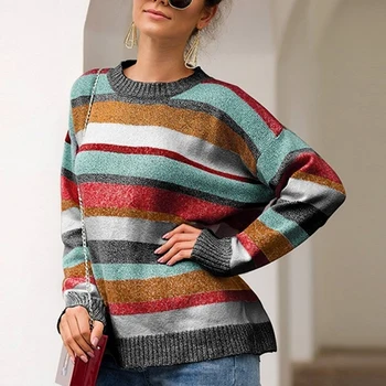 

Women Winter Jumpers Knitted Vintage Striped Women Sweaters Rainbow O-neck Sweaters Fashion Striped Oversized Pullover Female