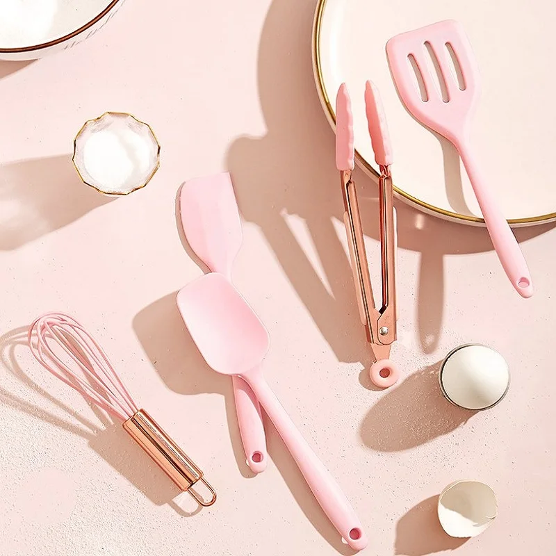Multipurpose Kitchen Cake Tool Set Silicone Scraper Oil Brush Egg Whisk Spatula Cooking Utensil Pink Kitchenware