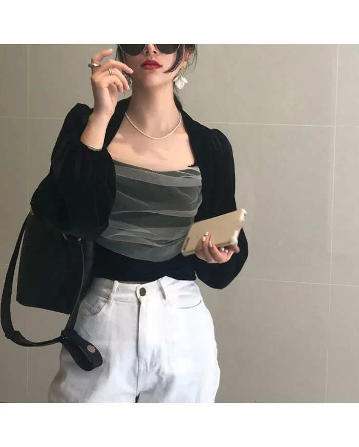 WHITNEY WANG Весенняя модная уличная одежда винтажный стиль квадратный воротник сетка лоскутное бархат футболки, женские блузы футболки