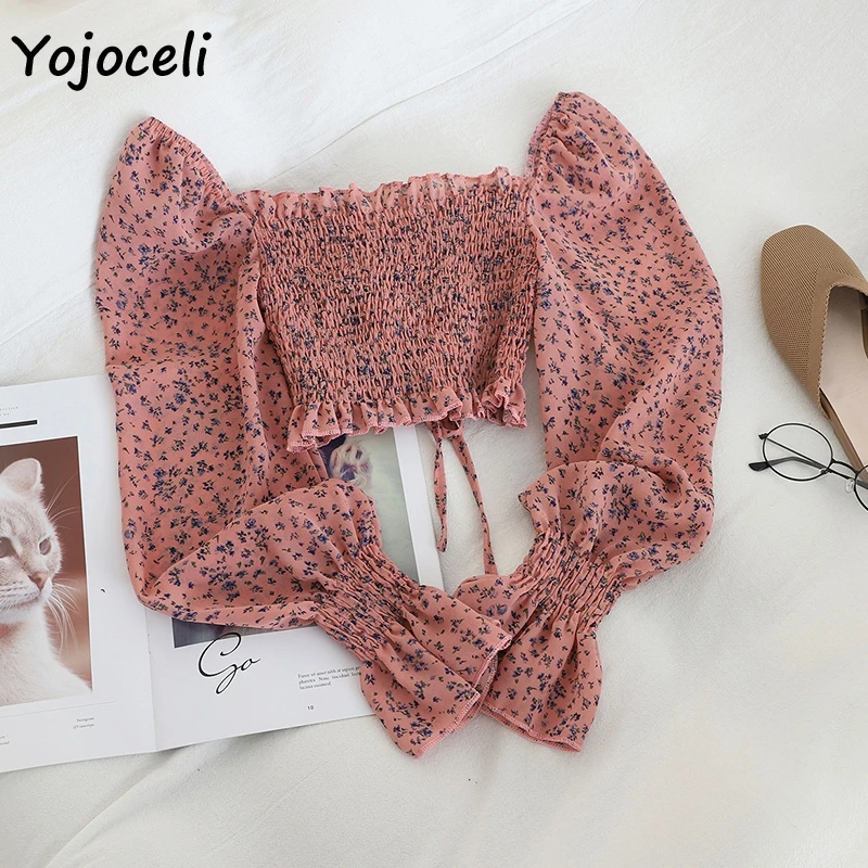 Yojoceli boho beach print blouses shirt women long sleeve ruffle short blouse tops female blusas