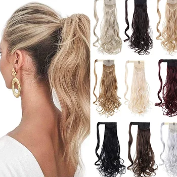 

22 icnh Long Silky Wave Ponytails Clip In Synthetic Pony Tail Heat Resistant Fake Hair Extension wrap round hairpiece