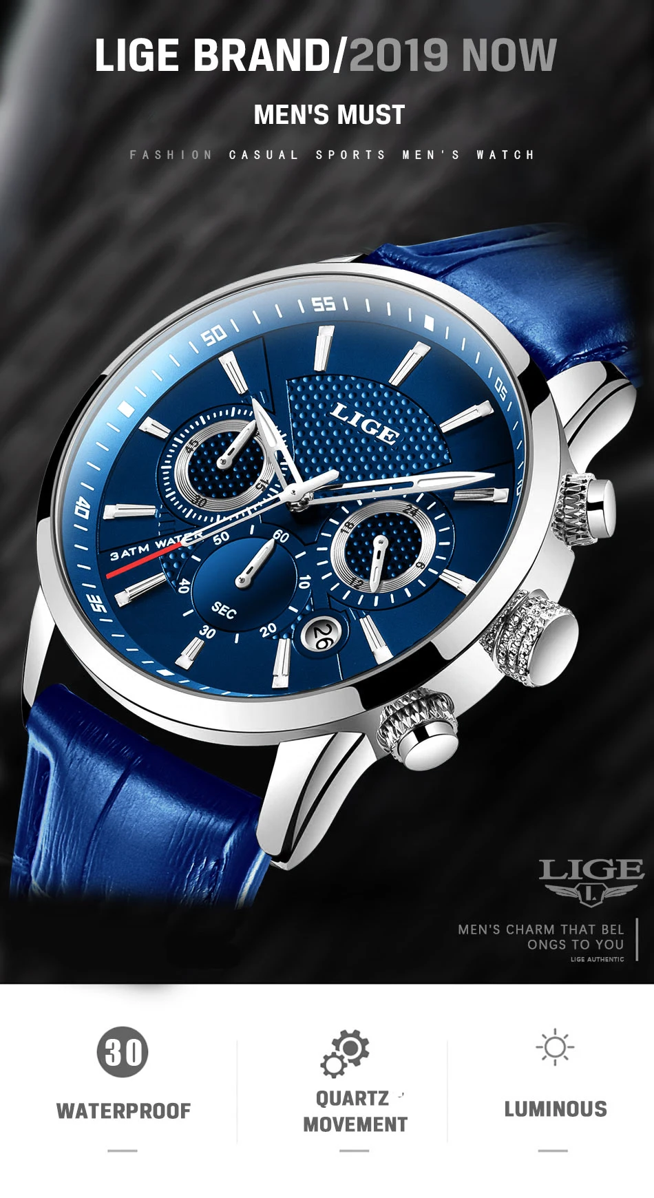 LIGE роскошный бренд мужские военные спортивные часы мужские кварцевые кожаный ремешок для часов водонепроницаемые наручные часы Reloj Hombre