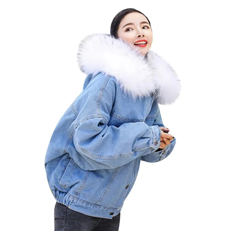 JAYCOSIN зима корейский стиль свободный толстый большой плюшевый меховой воротник джинсовая куртка женская теплая плюс бархат хлопок пальто для женщин