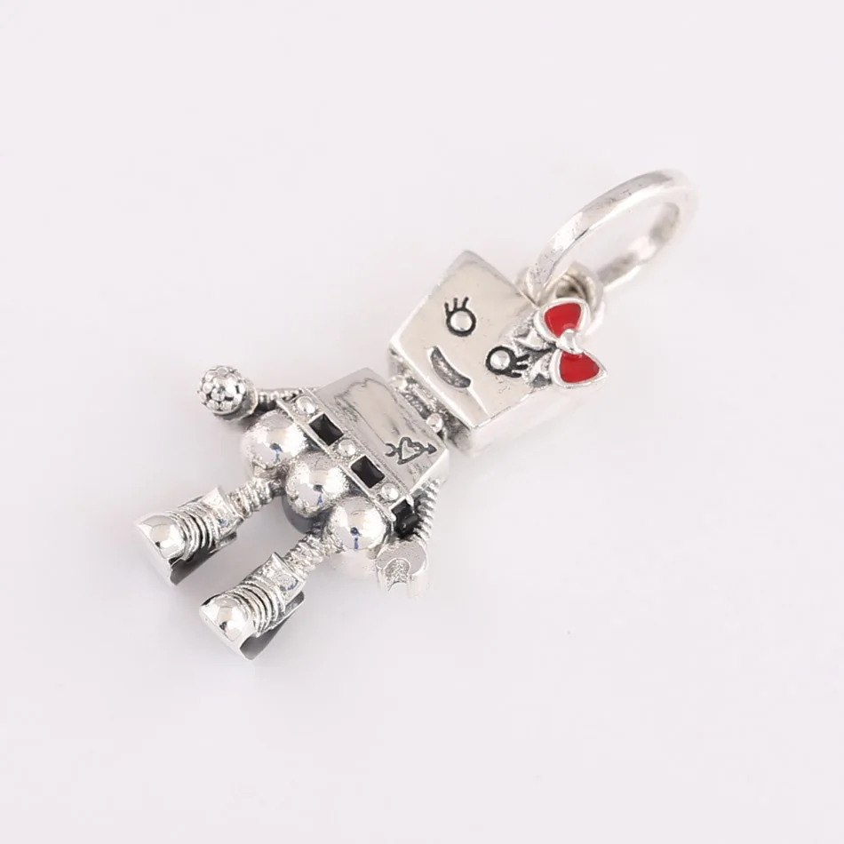 Authentic 925 Sterling Silver Bead Red Enamel Bow Girl Robot Charm fit Lady Bracelet Bangle DIY Jewelry