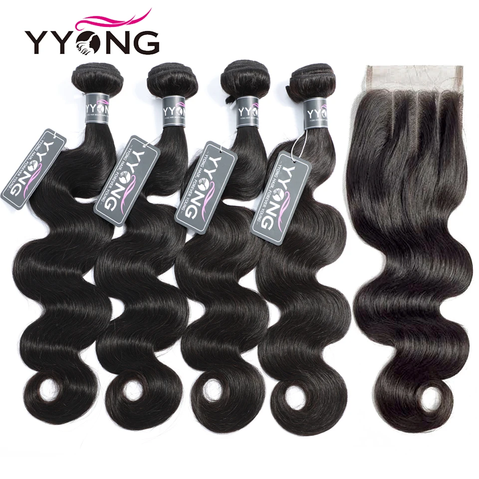 Cut Price Body-Wave-Bundles Closure Human-Hair Yyong with Weave Remy 4x4 3/4 dg5BWp6w