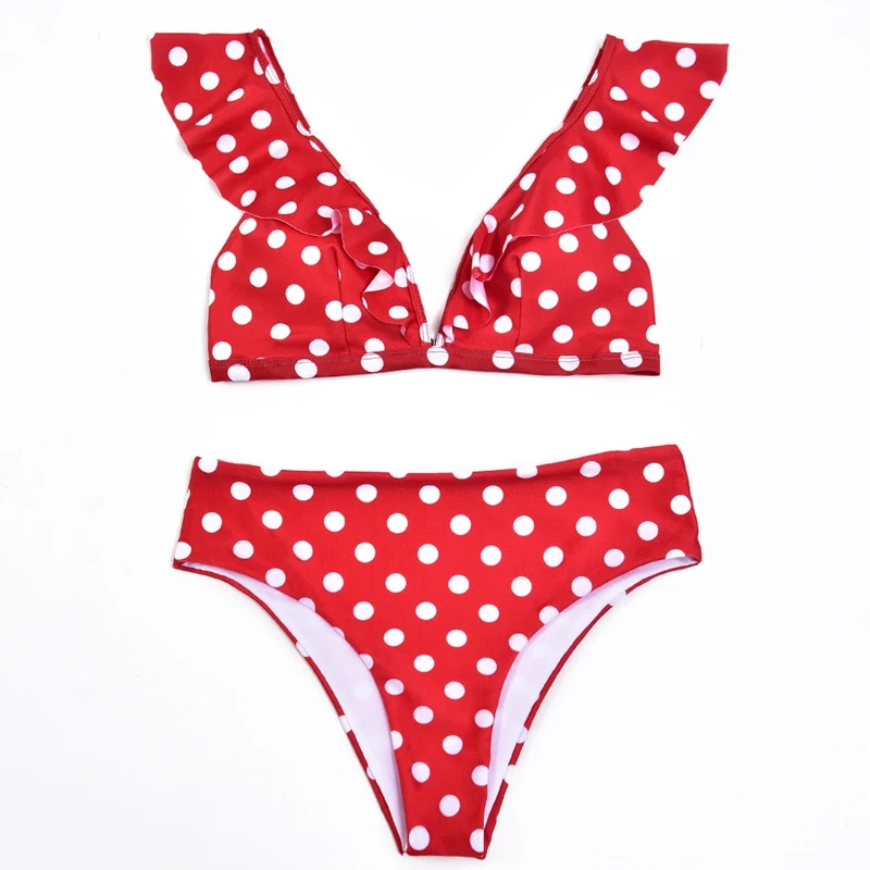 

High Waist Bikini Set Bathing Suit Swimsuit Women Polka Dot Ruffle Swimwear Bikinis Swimming Suit M