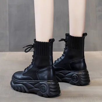 preço Chunky Botas De Motocicleta Feminina Plataforma Cunhas Preto Demonia Botas Moda Goth Designer Coreano Rendas Botas De Tornozelo Sapatos Femininos