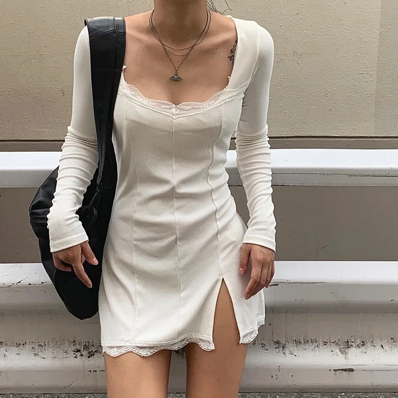 

2020 Autumn Spring Women Sexy Lace Patchwork Long Sleeve Split Dress Hip Package Mini Vestido Party Club Low Chest Outfits Cloth