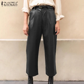 

ZANZEA 2020 Fashion Wide Leg Trousers Spring Solid PU Leather Pants Women Casual Zipper Work Long Pantalon Female Streetwear
