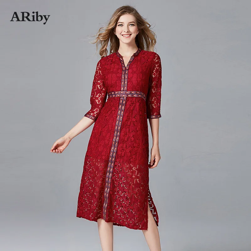 Женское кружевное платье Ariby Элегантное Длинное винтажное с V-образным вырезом и