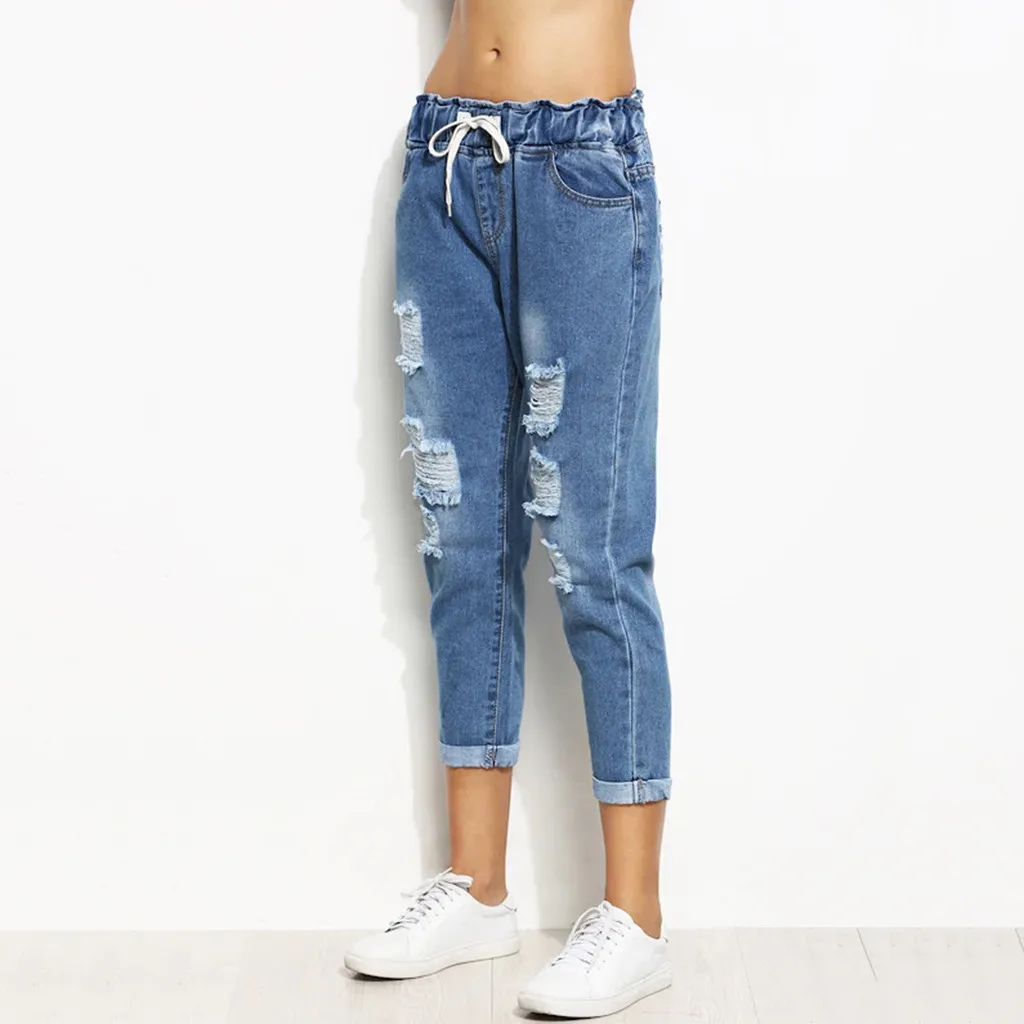Женские джинсы модные с карманами эластичные с высокой талией рваные джинсы для женщин в стиле бойфренд Свободные шаровары джинсы Mujer S10