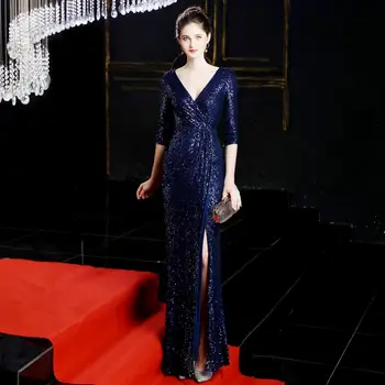 

New Blue Sequined Deep V Neck Half Sleeve High Split Luxury Hot Night Club Dress Cocktail Party Wear Women Sexy Elegant Dresses
