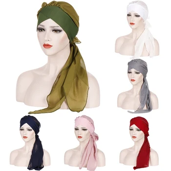 

New Muslim Hijabs Women Forehead Cross Long Tail Cap Multicolor Baotou Cap Headscarf Cotton Scarf