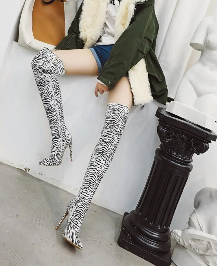 Buono Scarpe/пикантные высокие сапоги на высоком каблуке-шпильке; женские теплые зимние сапоги выше колена с леопардовым принтом; Botas Mujer; Узкие вечерние сапоги до бедра