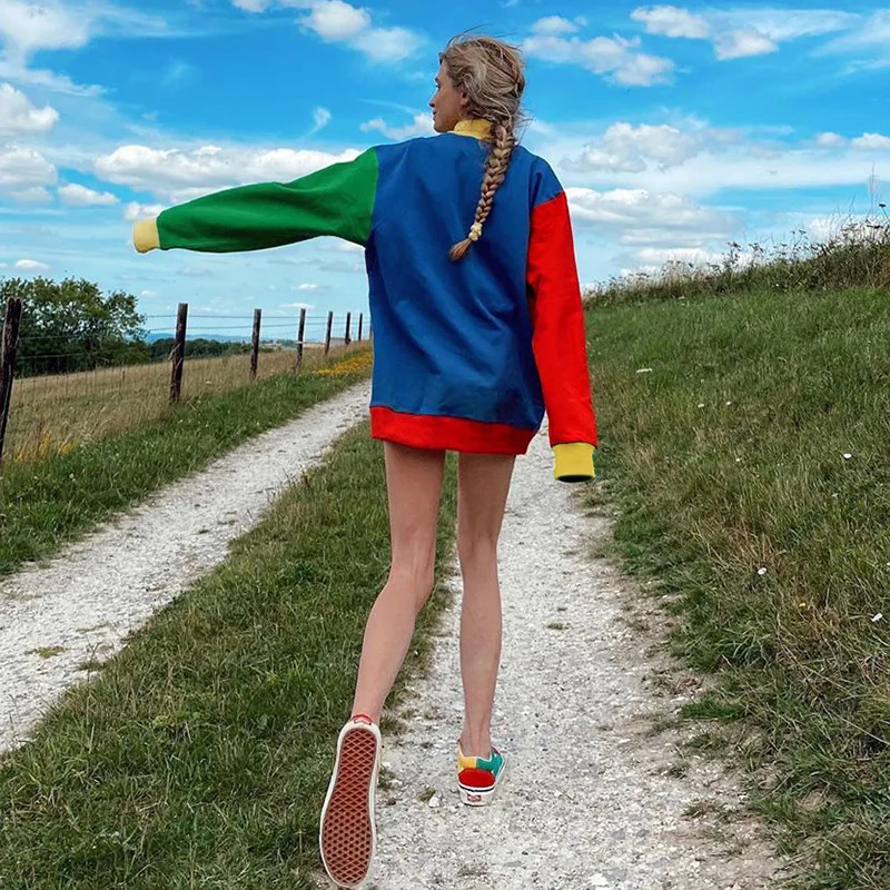 Y2K E-girl Letter Embroidery Aesthetic Sweatshirts for Women Rainbow Oversized Turtleneck Patchwrok Tops Tees Streetwear Korean