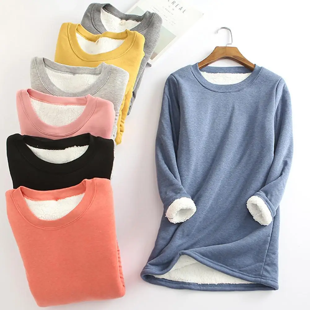 

Women Long Sleeve O-Neck Fashion Simple Pure Color Plus Velvet Warm Blouse Casual Plus Size Women Shirt