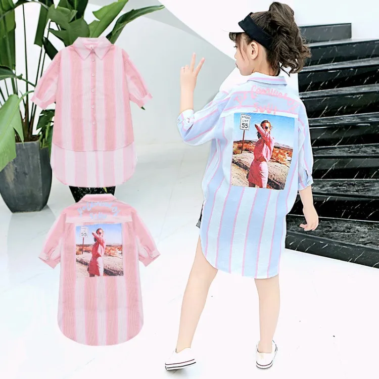 

Spring Fall Kids Girls Shirts Children Cotton Shirt Dress Blue Striped Blouse 4 6 8 10 12 Years Girls Tops Clothes