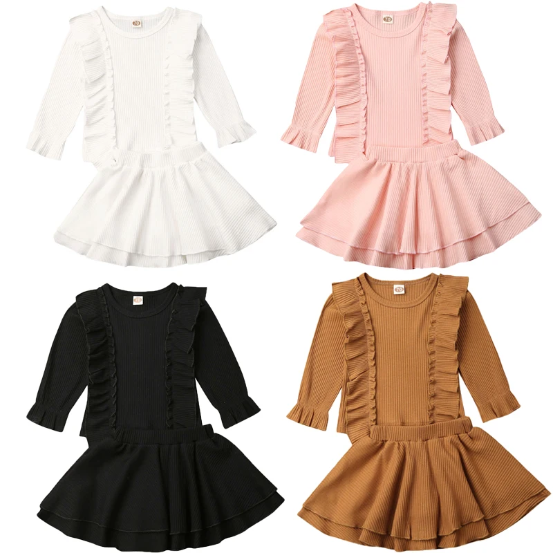 0-24M Cute Newborn Baby Girl Solid Color Long Sleeve Ruffles T-shirt Tops A-line Skirt 2PCS Outfits Baby Clothing Set