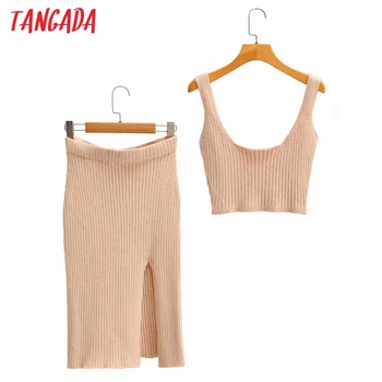 

Tangada 2020 Women sweater tracksuit sets oversized crop top skirt 2 pieces sets tank topskirt suits SY249