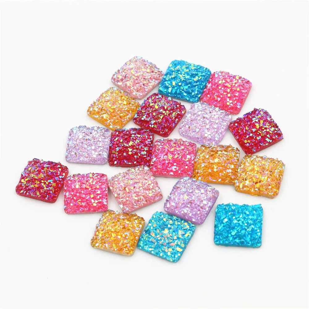 New Style 40pcs 12mm Square Mix Colors Druzy Natural Stone Convex Flat back Resin Cabochons Jewelry Accessories Supplies | Украшения и
