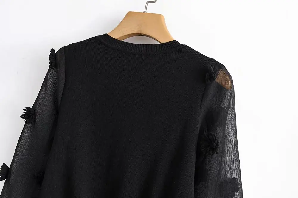 Женские стильные Лоскутные трикотажные блузки Прозрачные сплайсированные с длинным рукавом меховой шар decoate черная блузка эластичные Топы