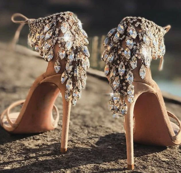 

Summer Bling Bling Rhinestone Cover Heel Sandals Women Gladiator Satin Suede Strappy High Heel Shoes Woman Lace Up Bridal Pump