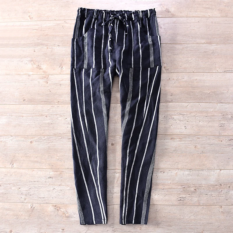 2020 Harajuku High Quality Casual Pants Men Comfortable Breathable Beach Striped Trousers Linen Cotton Vintage Pocket Male | Мужская