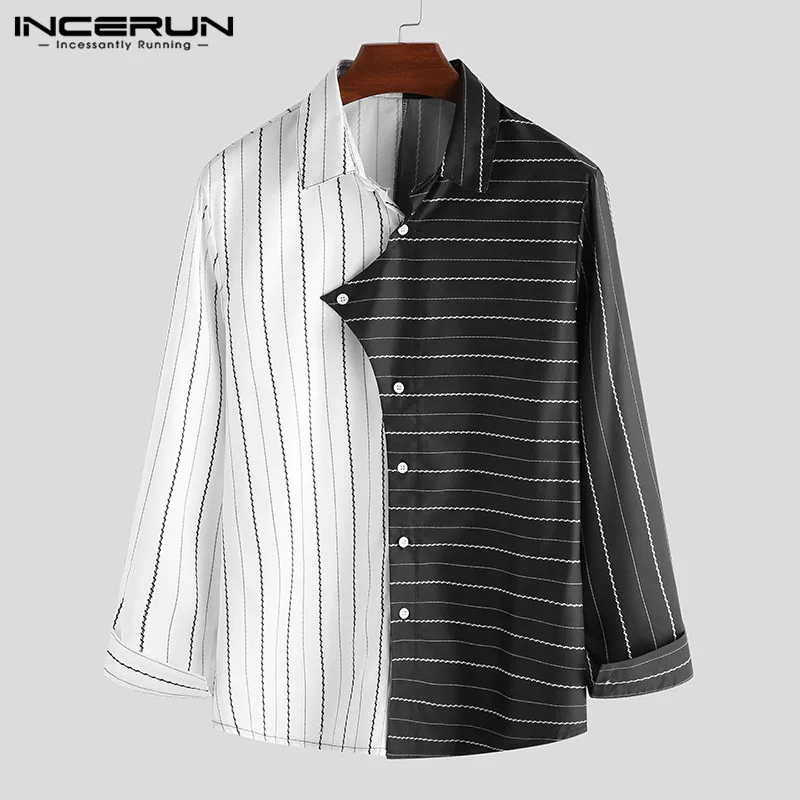 INCERUN, мужская рубашка, индивидуальная, в полоску, пэчворк, для фитнеса, с отворотом, с длинным рукавом, брендовая, Camisa, модные, вечерние, Клубная одежда, рубашка Hombre