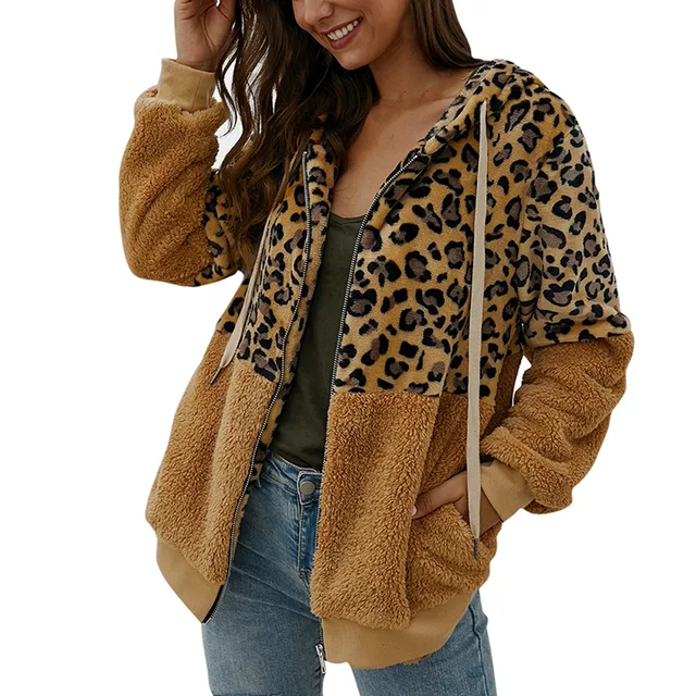 Women Leopard Print Fleece Long Sleeves Cardigan Winter Arrival Cotton Fluffy Long Sleeve Jacket Ladies Warm Outerwear