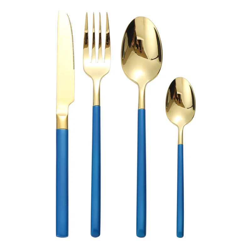 Black Steel Cutlery Set Tableware Gold Forks Knives Spoon Service Restaurant Stainless Steel Kitchen Cutlery Travel Dropshipping - Цвет: LF7bluegold1set